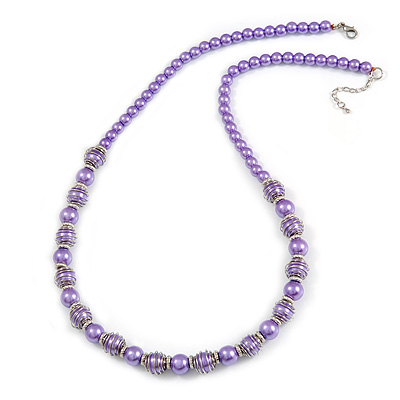 Purple Glass Bead with Silver Tone Metal Wire Element Necklace - 70cm L/ 5cm Ext - main view