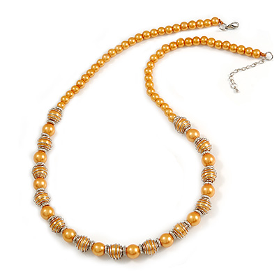 Yellow Glass Bead with Silver Tone Metal Wire Element Necklace - 70cm L/ 5cm Ext - main view