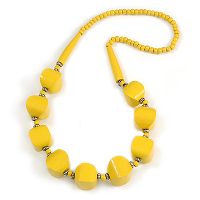 Chunky Bright Yellow Wood Bead Necklace - 68cm L - main view