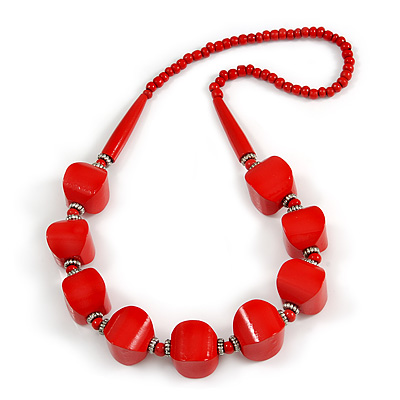 Chunky Red Wood Bead Necklace - 78cm L