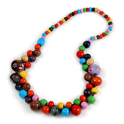 Multicoloured Cluster Wood Bead Necklace - 60cm Long