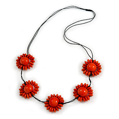 Orange Wood Bead Floral Necklace with Black Cotton Cords - 70cm Long - main view