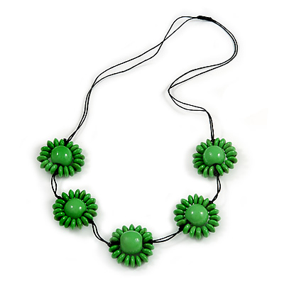 Bright Green Wood Bead Floral Necklace with Black Cotton Cords - 70cm Long - main view