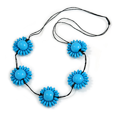Light Blue Wood Bead Floral Necklace with Black Cotton Cords - 70cm Long - main view