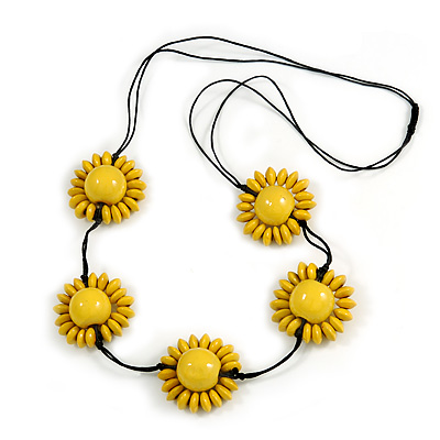 Yellow Wood Bead Floral Necklace with Black Cotton Cords - 70cm Long - main view
