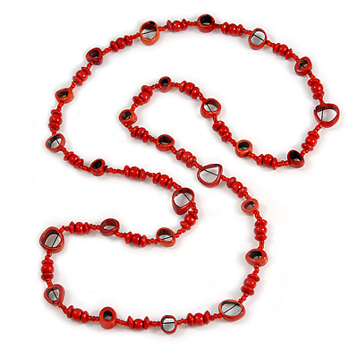 Long Red Wood, Glass, Bone Beaded Necklace - 112cm L