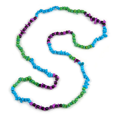 Light Blue/ Purple/ Green Wood and Semiprecious Stone Long Necklace - 96cm Long - main view
