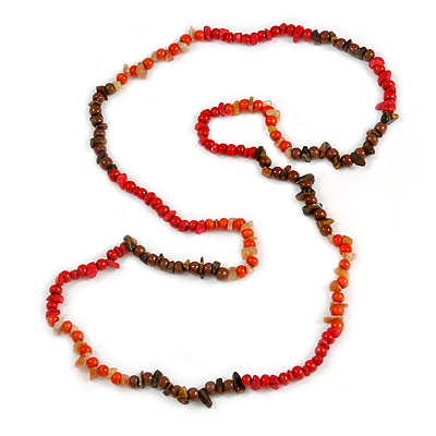 Red/ Orange/ Brown Wood and Semiprecious Stone Long Necklace - 96cm Long - main view