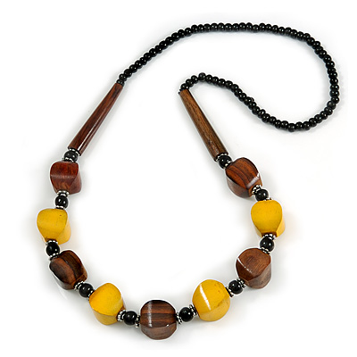 Chunky Yellow/ Brown/ Black Wooden Bead Necklace - 80cm Long