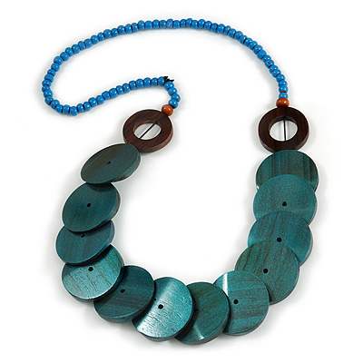 Light Blue/ Teal/ Brown Wood Button Bead Necklace - 80cm L - main view