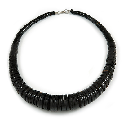 Chunky Black Wood Button Bead Necklace - 57cm Long - main view