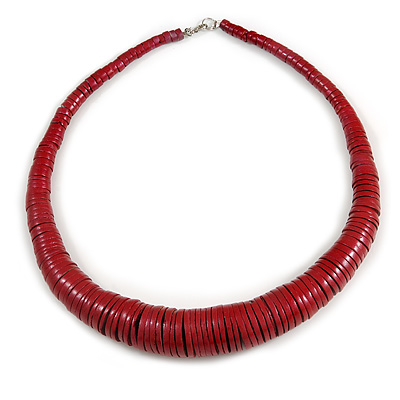 Chunky Red Wood Button Bead Necklace - 57cm Long - main view