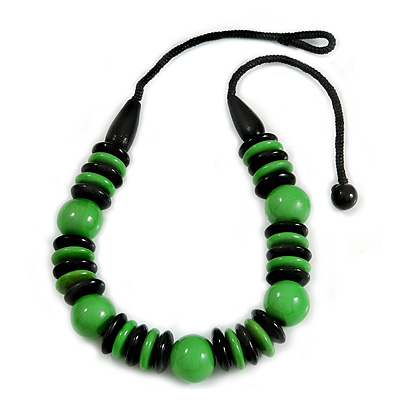 Chunky Grass Green/ Black Round and Button Wood Bead Cotton Cord Necklace - 66cm Long - main view