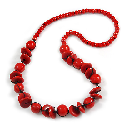 Red Round and Button Wood Bead Long Necklace - 80cm L - main view