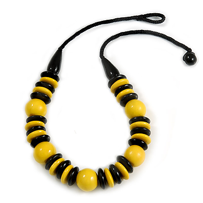 Chunky Yellow/ Black Round and Button Wood Bead Cotton Cord Necklace - 66cm Long - main view