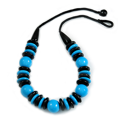Chunky Light Blue/ Black Round and Button Wood Bead Cotton Cord Necklace - 66cm Long