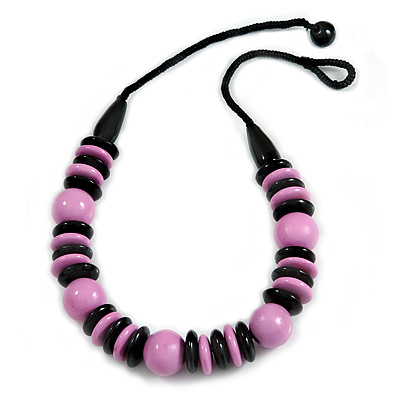 Chunky Lilac/ Black Round and Button Wood Bead Cotton Cord Necklace - 66cm Long - main view