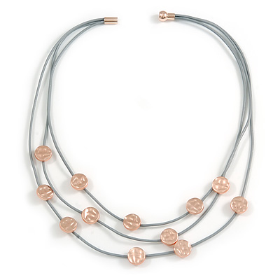 3 Strand Layered Mouse Grey Leather Cord with Matt Rose Gold Hammered Coin Magnetic Necklace - 50cm L - main view