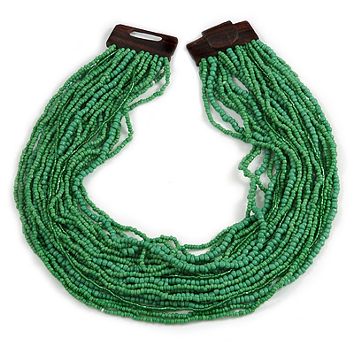 Statement Multistrand Apple Green Glass Bead Necklace with Wood Closure - 60cm Long - main view