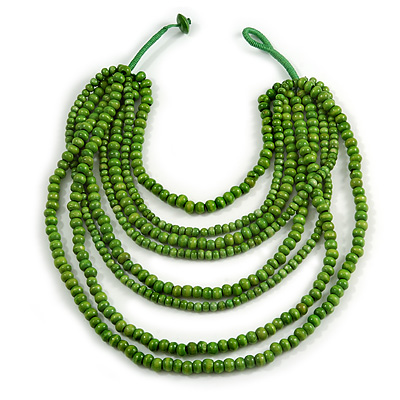 Multistrand Layered Bib Style Wood Bead Necklace In Lime Green - 40cm Shortest/ 70cm Longest Strand - main view
