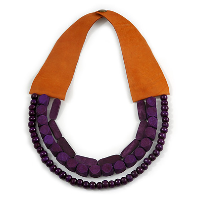 Handmade Multistrand Wood Bead and Leather Bib Style Necklace in Deep Purple - 64cm Long - main view