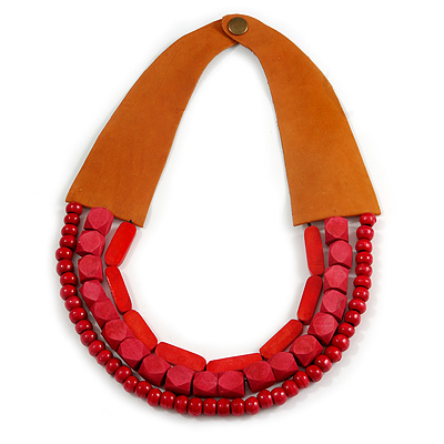 Handmade Multistrand Wood Bead and Leather Bib Style Necklace in Red - 64cm Long - main view