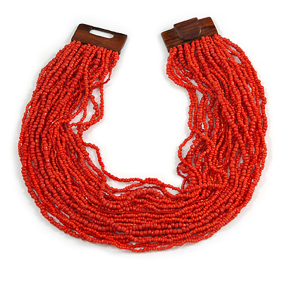 Statement Multistrand Brick Red Glass Bead Necklace with Wood Closure - 60cm Long - main view