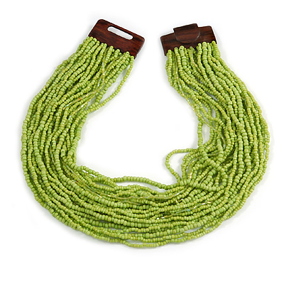 Statement Multistrand Lime Green Glass Bead Necklace with Wood Closure - 56cm Long
