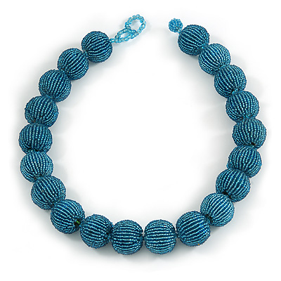 Chunky Sky Blue Glass Bead Ball Necklace - 54cm Long - main view