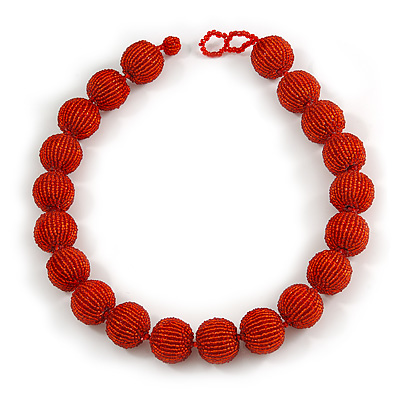 Chunky Fire Red Glass Bead Ball Necklace - 54cm Long - main view