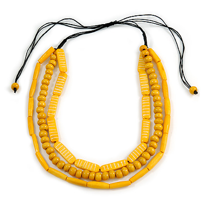 3 Strand Layered Wood Bead Black Cord Necklace In Banana Yellow - 44cm up to 56cm Adjustable - main view