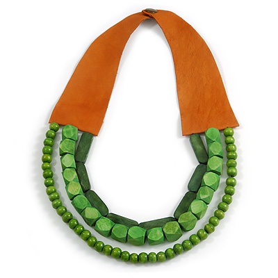 Handmade Multistrand Wood Bead and Leather Bib Style Necklace in Green - 64cm Long - main view