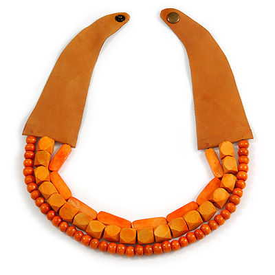 Handmade Multistrand Wood Bead and Leather Bib Style Necklace in Orange - 64cm Long - main view