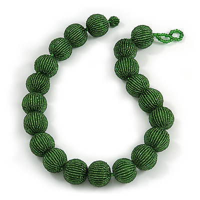 Chunky Forest Green Glass Bead Ball Necklace - 54cm Long - main view