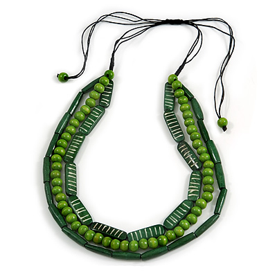 3 Strand Layered Wood Bead Cord Necklace In Green - 44cm up to 56cm Adjustable - main view