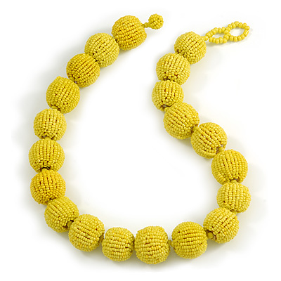 Chunky Lemon Yellow Glass Bead Ball Necklace - 54cm Long - main view