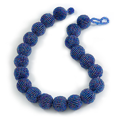 Chunky Peacock Blue Glass Bead Ball Necklace - 54cm Long - main view