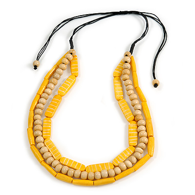 3 Strand Layered Wood Bead Cord Necklace In Banana Yellow/ Natural - 44cm up to 56cm Adjustable - main view