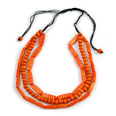 3 Strand Layered Wood Bead Cord Necklace In Orange - 44cm up to 56cm Adjustable - main view