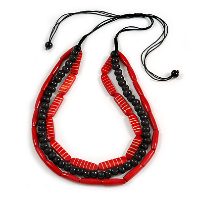 3 Strand Layered Wood Bead Cord Necklace In Red/ Black - 44cm up to 56cm Adjustable - main view