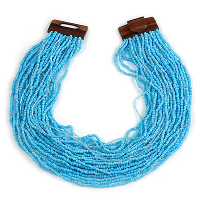 Statement Multistrand Light Blue Glass Bead Necklace with Wood Closure - 60cm Long