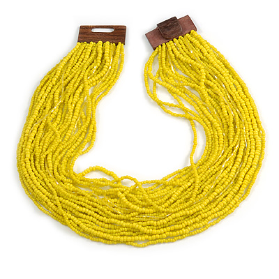 Statement Multistrand Lemon Yellow Glass Bead Necklace with Wood Closure - 60cm Long - main view