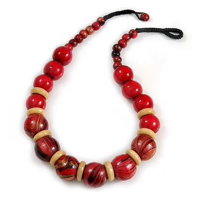 Chunky Colour Fusion Wood Bead Necklace (Cranberry Red/ Natural) - 53cm L - main view