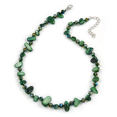 Delicate Forest Green Sea Shell Nuggets and Glass Bead Necklace - 48cm L/ 6cm Ext - main view