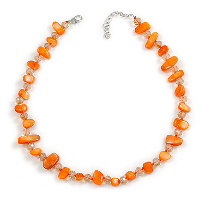 Delicate Orange Sea Shell Nuggets and Transparent Glass Bead Necklace - 48cm L/ 6cm Ext - main view