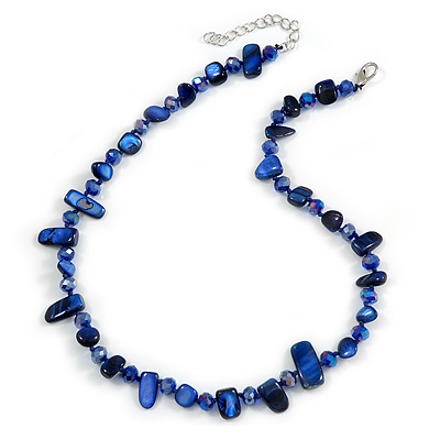 Delicate Dark Blue Sea Shell Nuggets and Glass Bead Necklace - 48cm L/ 6cm Ext - main view