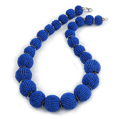 Chunky Royal Blue Glass Bead Ball Necklace with Silver Tone Clasp - 60cm L - main view