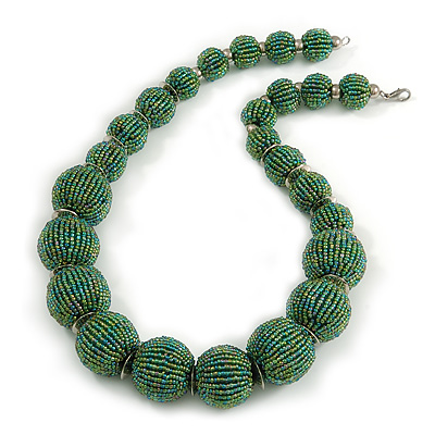 Chunky Green Glass Bead Ball Necklace with Silver Tone Clasp - 60cm L