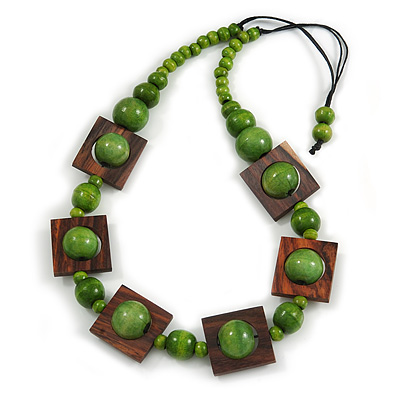 Chunky Square and Round Wood Bead Cotton Cord Necklace ( Green/ Brown) - 74cm L - main view