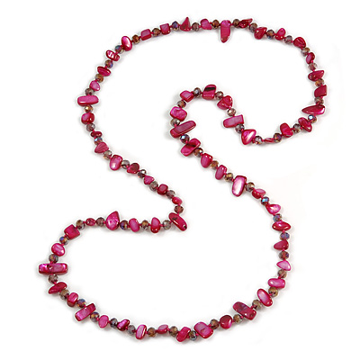 Long Magenta Shell Nugget and Plum Glass Crystal Bead Necklace - 110cm L - main view